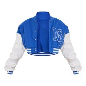 PLT blue cropped faux leather varsity jacket